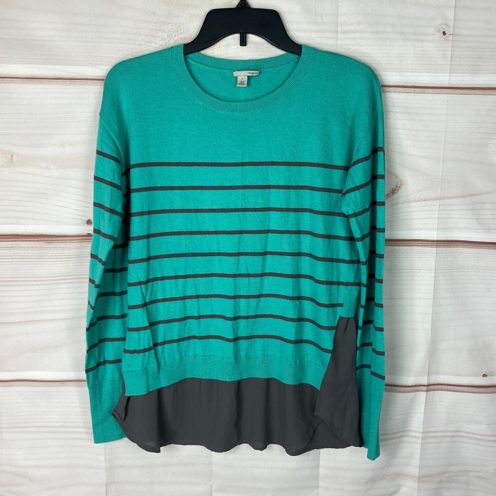 Halogen Sweater Womens M Green Gray Stripe Layered Look Pullover Crew Neck Knit